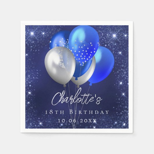 Verjaardag marine blauwe glitter ballonnen servet (Voorkant)