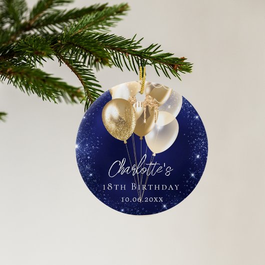 Verjaardag marine blauwe glitter gouden ballonnen keramisch ornament