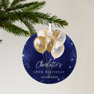 Verjaardag marine blauwe glitter gouden ballonnen metalen ornament