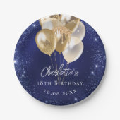 Verjaardag marine blauwe glitter gouden ballonnen papieren bordje (Voorkant)