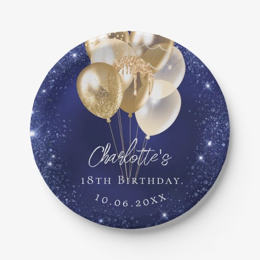 Verjaardag marine blauwe glitter gouden ballonnen papieren bordje (Voorkant)