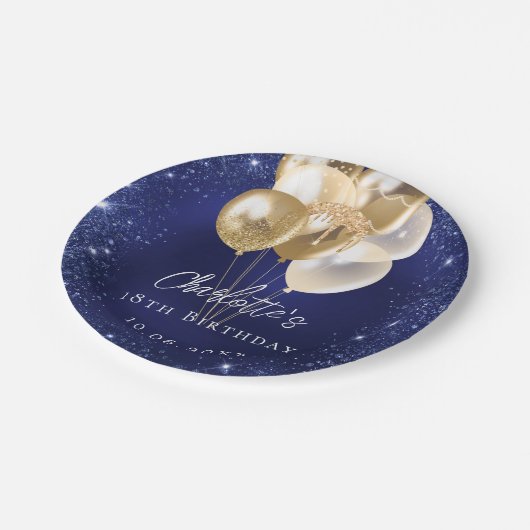 Verjaardag marine blauwe glitter gouden ballonnen papieren bordje (Gekanteld)