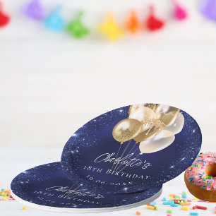 Verjaardag marine blauwe glitter gouden ballonnen papieren bordje