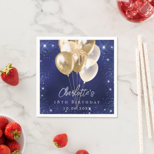 Verjaardag marine blauwe glitter gouden ballonnen servet (Insitu)