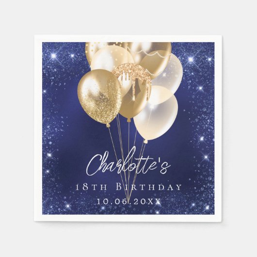 Verjaardag marine blauwe glitter gouden ballonnen servet (Voorkant)