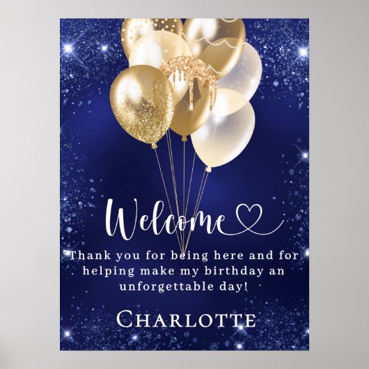 Verjaardag marine blauwe gouden ballonnen welkom poster (Voorkant)
