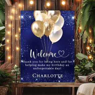 Verjaardag marine blauwe gouden ballonnen welkom poster