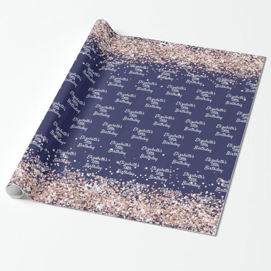 Verjaardag marineblauw roos gouden naam elegant cadeaupapier (Uitgerold)