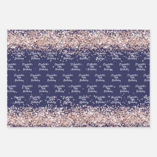 Verjaardag marineblauw roos gouden naam elegant inpakpapier vel (Voorkant 2)