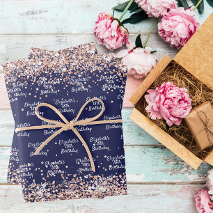 Verjaardag marineblauw roos gouden naam elegant inpakpapier vel