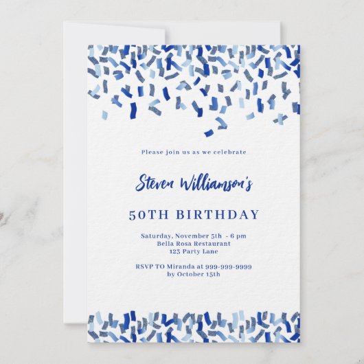 Verjaardag marineblauw wit confetti mannen guy lux kaart (Voorkant)