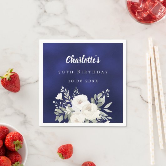 Verjaardag marineblauw witte bloemen rozen servet (Insitu)