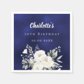 Verjaardag marineblauw witte bloemen rozen servet (Voorkant)