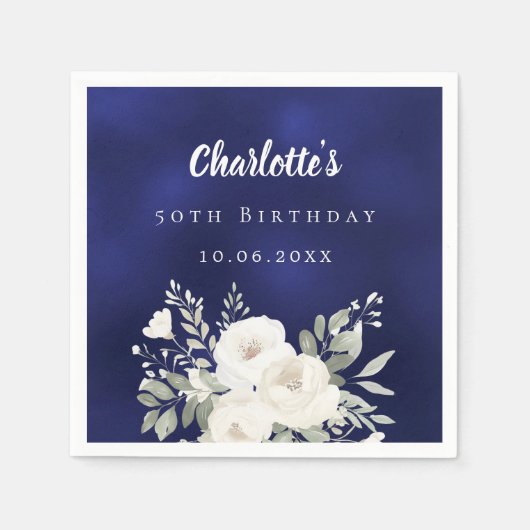 Verjaardag marineblauw witte bloemen rozen servet (Voorkant)