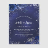 Verjaardag marineblauwe bloemen zilver schittert l magnetische uitnodiging (Voorkant)