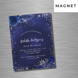 Verjaardag marineblauwe bloemen zilver schittert l magnetische uitnodiging