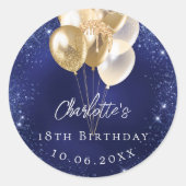 Verjaardag marineblauwe gouden ballonnen ronde sticker (Voorkant)