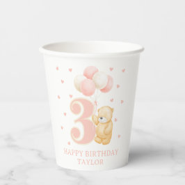 Verjaardag Meisje 3 jaar Pink Cute Teddy Bear Cust Papieren Bekers