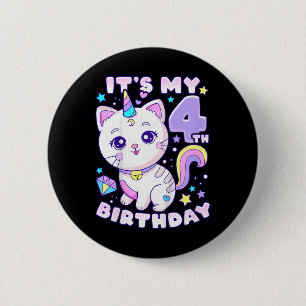 Verjaardag Meisje 4 jaar oud, Kat, Eenhoorn, 4e Ge Ronde Button 5,7 Cm