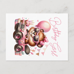 VERJAARDAG MEISJE - BEVER IN EEN ROZE MONSTER TRUC BRIEFKAART