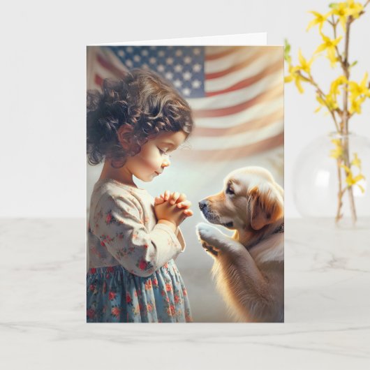 Verjaardag Meisje Bidden Met Gouden Retriever Kaart (Gele Bloem)