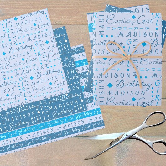 Verjaardag Meisje Blauw Schattige Voeg een naam ge Inpakpapier Vel