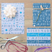 Verjaardag Meisje Blauw Schattige Voeg een naam ge Inpakpapier Vel