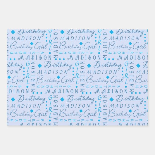 Verjaardag Meisje Blauw Schattige Voeg een naam ge Inpakpapier Vel (Voorkant)