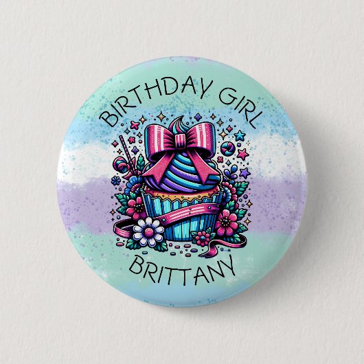 Verjaardag Meisje Cupcake Whimsical gepersonalisee Ronde Button 5,7 Cm (Voorkant)