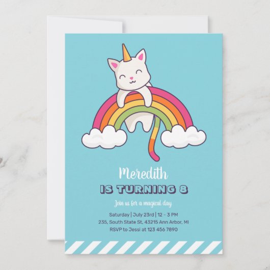 Verjaardag meisje met eenhoorn regenboog en kat kaart (Voorkant)