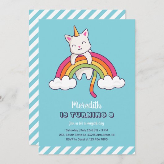 Verjaardag meisje met eenhoorn regenboog en kat kaart (Voorkant / Achterkant)