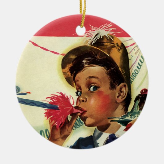  verjaardag, meisje met geluidsmaker keramisch ornament (Voorkant)