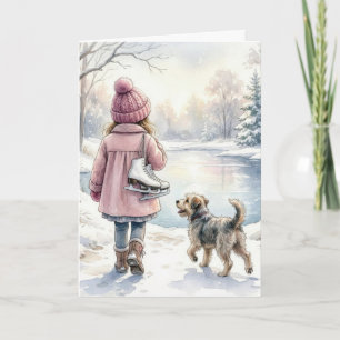 Verjaardag Meisje Met Schaatsen en Hond Kaart