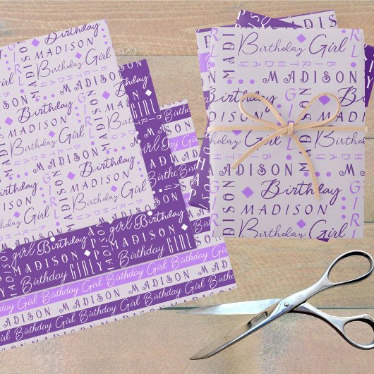 Verjaardag Meisje Paarse Schattige Voeg een naam g Inpakpapier Vel