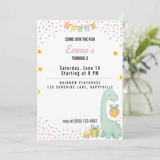 Verjaardag Meisje Party Uitnodiging Turning 3 Dino (Staand voorkant)