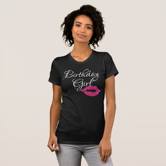 Verjaardag Meisje Roze Glitter Lippen Sparkle Zwar T-shirt (Voorkant volledig)