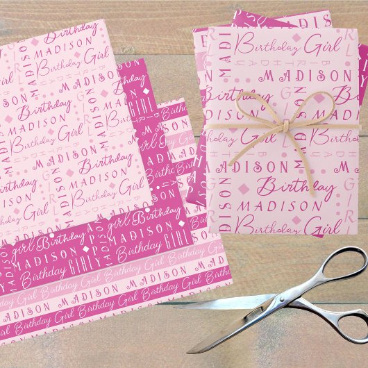 Verjaardag Meisje Roze Schattige Voeg een naam gep Inpakpapier Vel