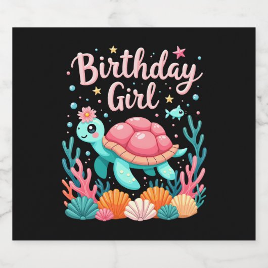 Verjaardag Meisje Zee Schildpad Thema Verjaardagsf Sparkling Wijnetiket (Enkel label)