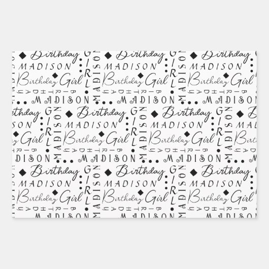 Verjaardag Meisje Zwart Schattige Voeg een naam ge Inpakpapier Vel (Voorkant)