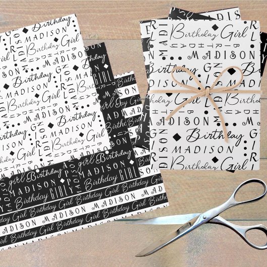 Verjaardag Meisje Zwart Schattige Voeg een naam ge Inpakpapier Vel