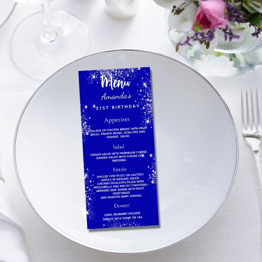 Verjaardag Menu koninklijk blauw zilver sparkles