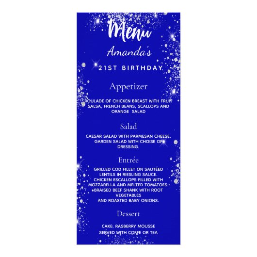 Verjaardag Menu koninklijk blauw zilver sparkles (Voorkant)
