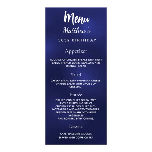 Verjaardag Menu marineblauw wit (Voorkant)