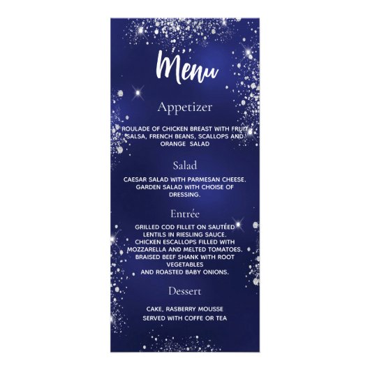 Verjaardag Menu programma navy blauw zilver sparkl (Voorkant)