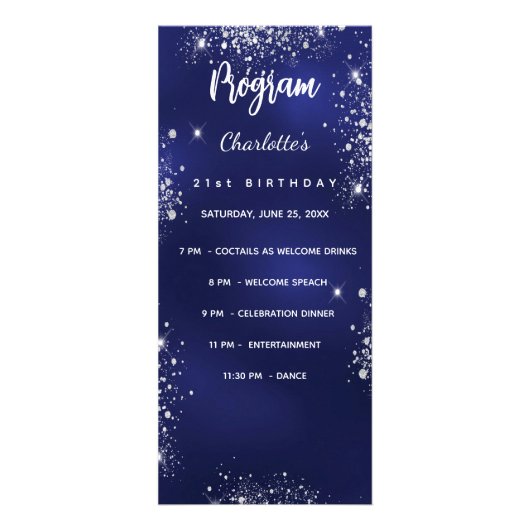 Verjaardag Menu programma navy blauw zilver sparkl (Achterkant)