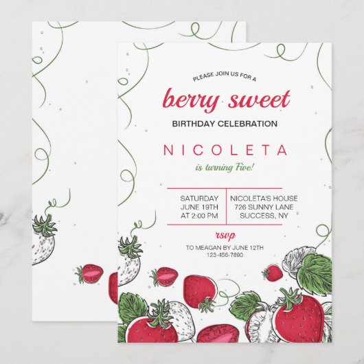 Verjaardag met aardbeien-spetters kaart (Voorkant / Achterkant)