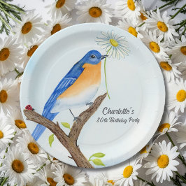 Verjaardag met blauwe vogel in april geluk voor al papieren bordje