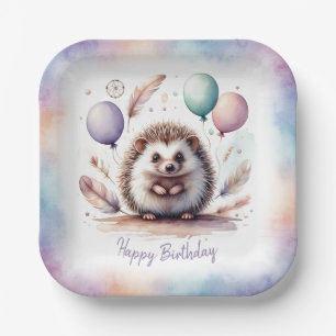 Verjaardag met cute waterverf egel en ballonnen  papieren bordje