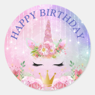 Verjaardag met een Cute Eenhoorn Gezicht & Roze Bl Ronde Sticker