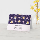 Verjaardag met een leuk patroon met poes astronaut kaart (Gele Bloem)